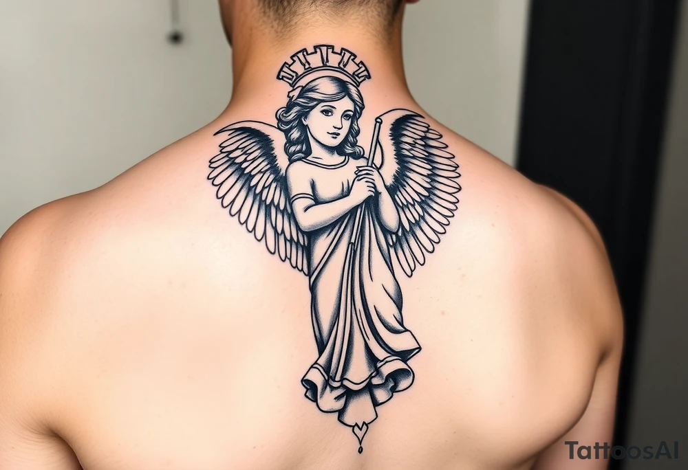 Female us coast guard officer protected by guardian angel statue religious tattoo idea