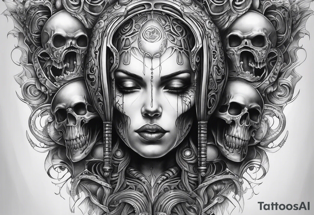 H.R Giger style knee tattoo with skulls tattoo idea