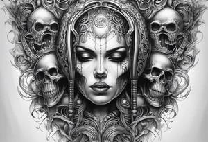 H.R Giger style knee tattoo with skulls tattoo idea