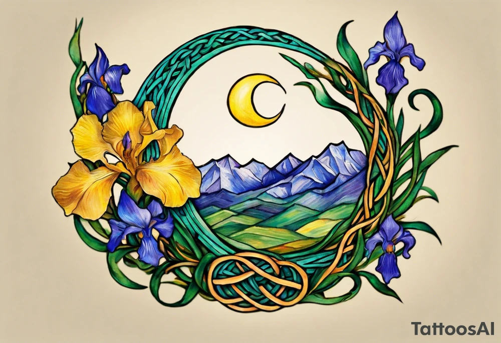 Create a small, colorful Vincent van Gogh Irises tattoo in the form of a crescent, with vines in Celtic knot style gracefully intertwining at a central point in the middle of the wreath. The intended placement is on the upper chest. The middle needs mountains. The overall design should be small in size while maintaining a delicate and artistic aesthetic. Pay attention to the graceful flow of the vines and the placement of the irises to achieve a refined and elegant look. tattoo idea