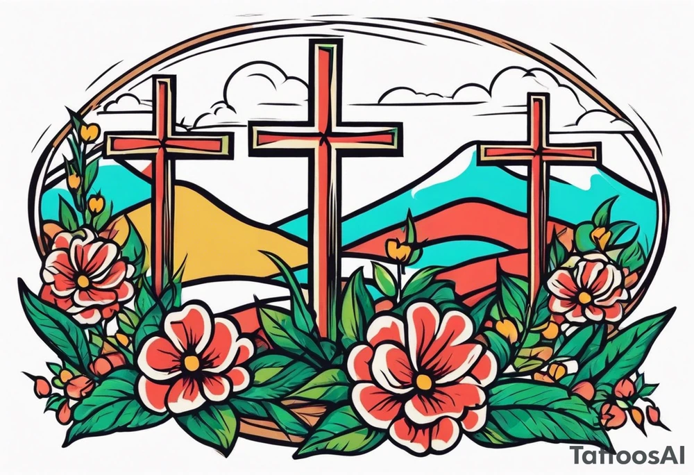 three crosses on hill


vintage flowers
old school vintage simple traditional design 



bold color simple tattoo idea