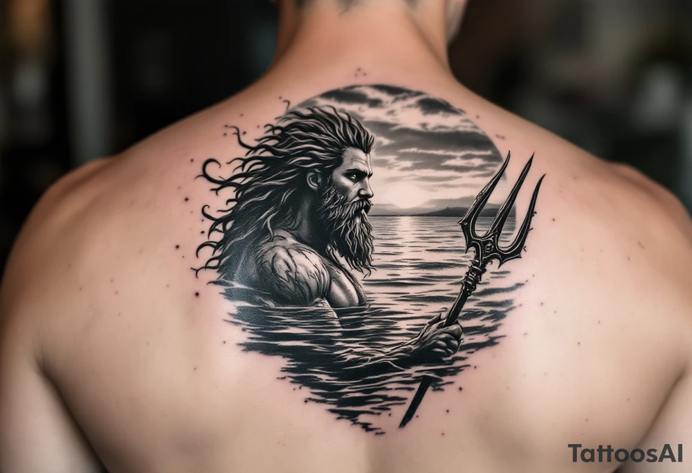 Poseidon half way under calm water with trident at sunset tattoo idea