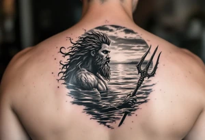 Poseidon half way under calm water with trident at sunset tattoo idea