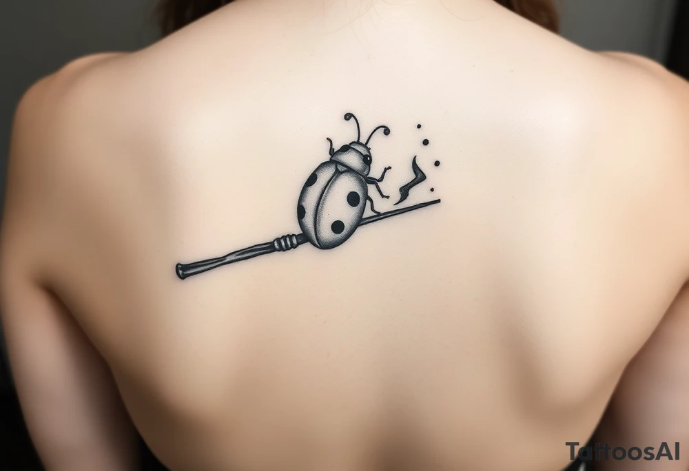 A ladybug getting out of hermione's magic wand like it was a spell. Magic dust all around the wand that looks almost smoky. I also want some small details around it that would make a piggyback on harry potter's movie like harry's glasses, a lightning, the golden snitch, etc... tattoo idea