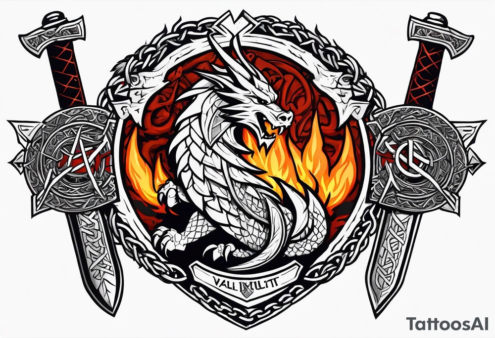 Valhalla sword shield dragon axe Valknut barbed wire chains fire tattoo idea Valhalla sword shield dragon axe Valknut barbed wire chains fire tattoo idea