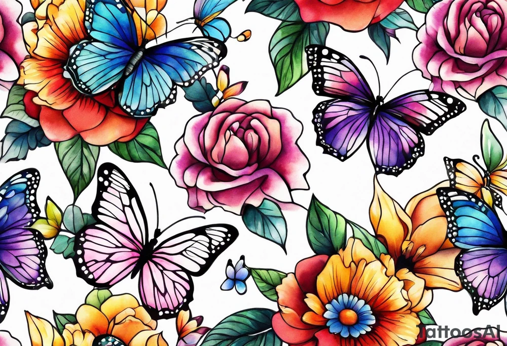 Arm sleeve with rainbow flowers and butterflies tattoo idea