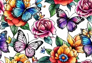 Arm sleeve with rainbow flowers and butterflies tattoo idea