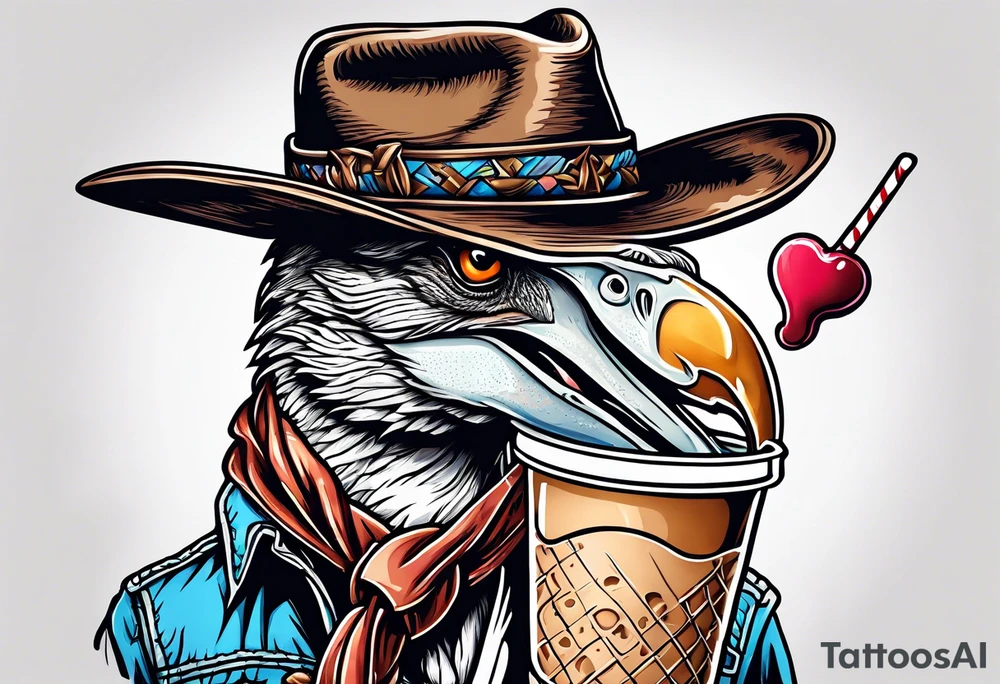 Pterodactyl wearing a cowboy hat eating ice cream sundae tattoo idea