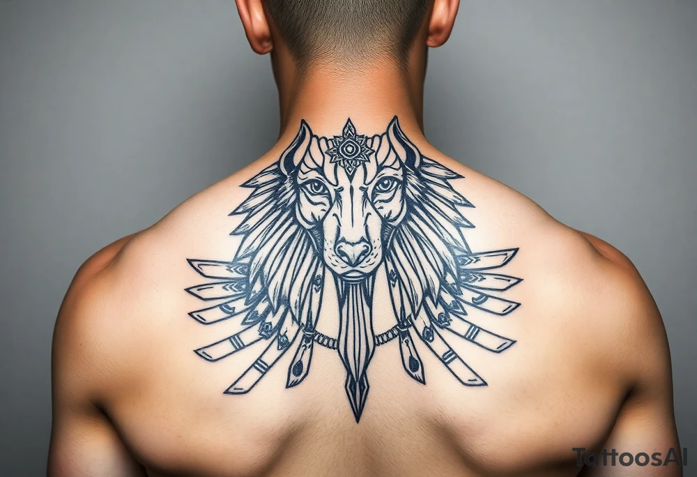 muscle Egyptian Anubis god face in Egypt style dog face surrounded Egyptian symbols tattoo idea