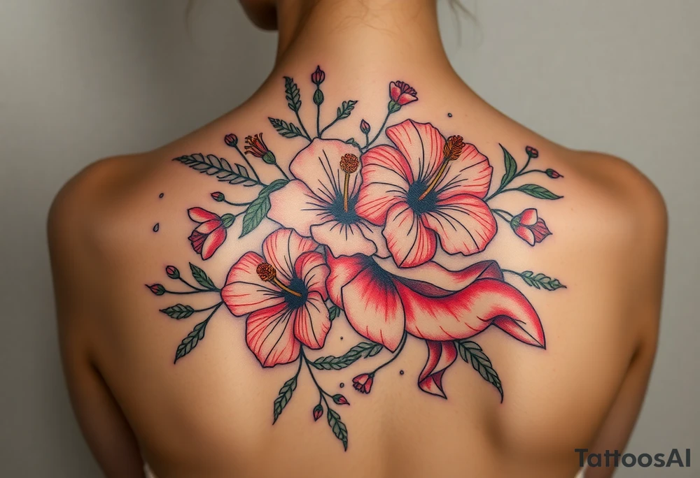 vintage bouquet of wild hibiscus
 and meadow flowers with morning dew and a fox tattoo idea