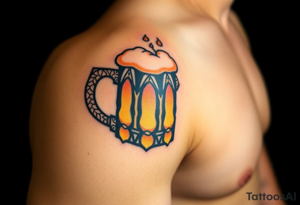 A frothy golden beer mug with condensation droplets, featuring intricate woodgrain textures on the handle tattoo idea