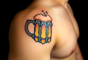 A frothy golden beer mug with condensation droplets, featuring intricate woodgrain textures on the handle tattoo idea