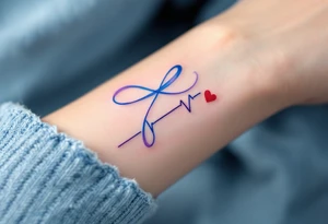 A blue and lavender infinity symbol with a heartbeat line leading into a small red heart. tattoo idea