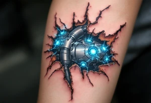A detailed tattoo showing robotic finger joints in brushed steel with glowing ice-blue synapses connecting beneath realistic torn skin. tattoo idea