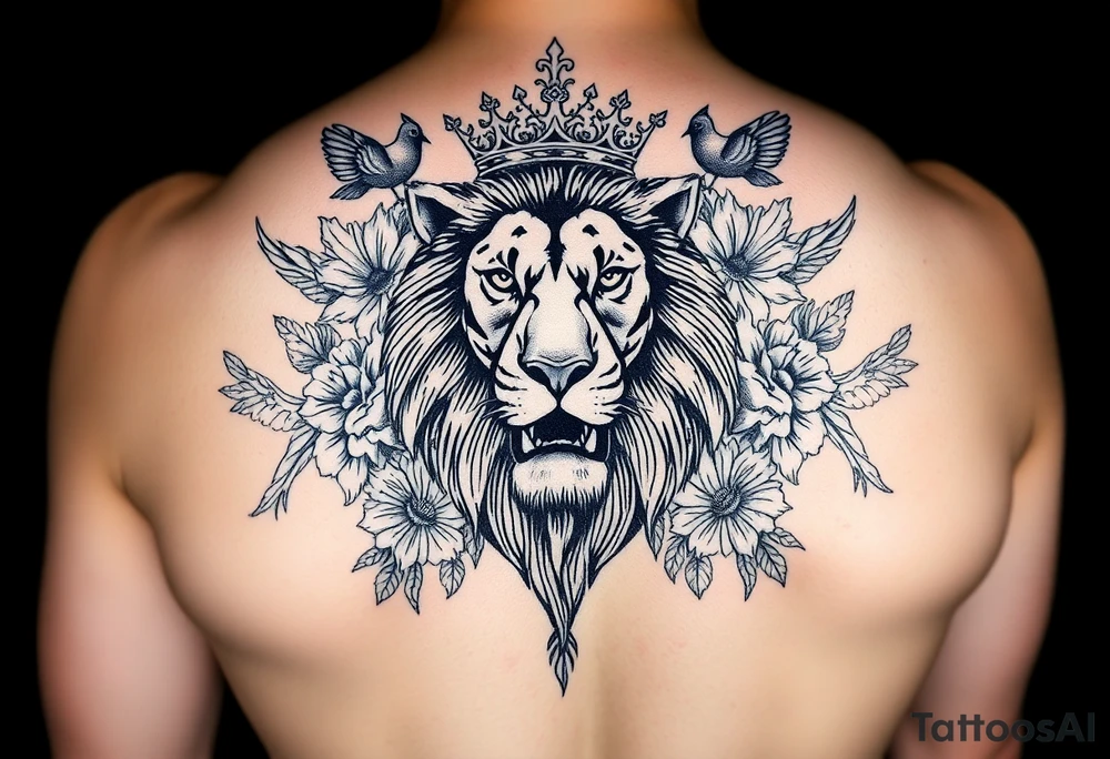 powerful majestic lion with a crown, surrounded by floral ornaments and birds tattoo idea