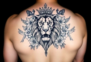 powerful majestic lion with a crown, surrounded by floral ornaments and birds tattoo idea