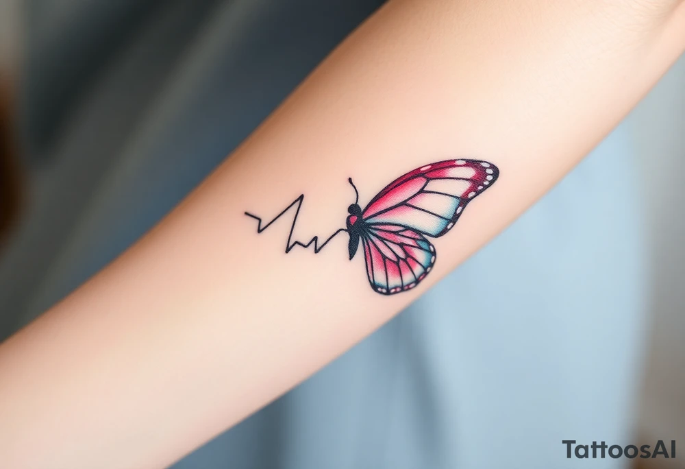 A heartbeat line transforming into a butterfly, with delicate wings painted in pastel pinks and blues, symbolizing transformation and love. tattoo idea