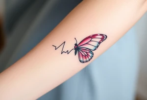 A heartbeat line transforming into a butterfly, with delicate wings painted in pastel pinks and blues, symbolizing transformation and love. tattoo idea