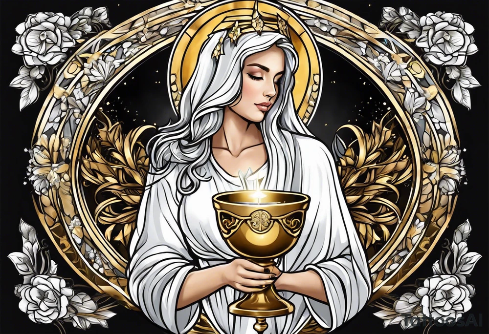 woman saint holding chalice surrounded by golden halo tattoo idea