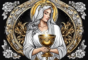 woman saint holding chalice surrounded by golden halo tattoo idea