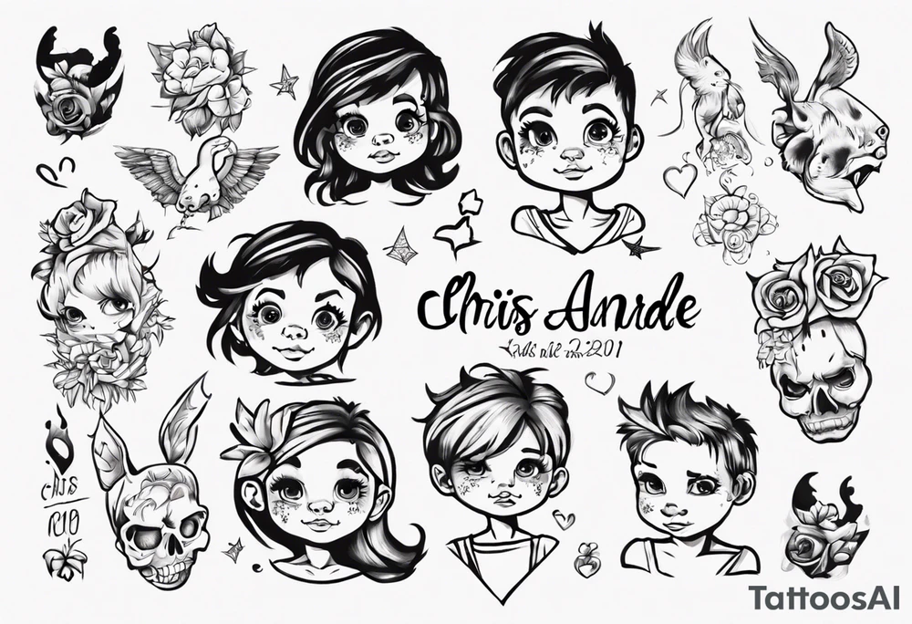 tattoo with names of kids, the names are Chris André, he is a boy and he is born 23. April 2016, and the other kid is named Emilie, she is a girl and is born 27. march 2021. tattoo idea