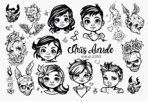 tattoo with names of kids, the names are Chris André, he is a boy and he is born 23. April 2016, and the other kid is named Emilie, she is a girl and is born 27. march 2021. tattoo idea