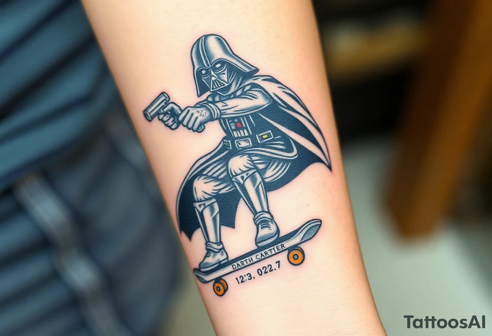 Darth Vader skateboarding with gun> bullets > memorial > god > colors > futuristic 
add name "Darth Carter" on skateboard
add date in loving memory 12/29/88-01/06/24 tattoo idea