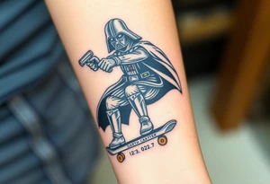 Darth Vader skateboarding with gun> bullets > memorial > god > colors > futuristic 
add name "Darth Carter" on skateboard
add date in loving memory 12/29/88-01/06/24 tattoo idea