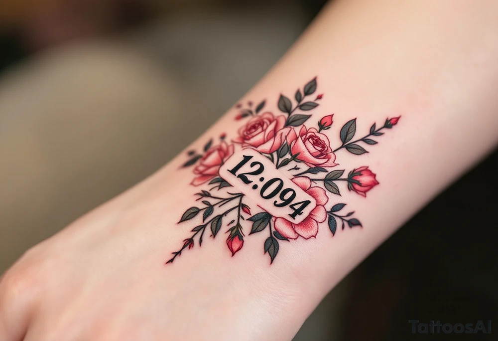 Bold black 12.08.1994 inked in a clean serif font wrapped in soft red roses. tattoo idea