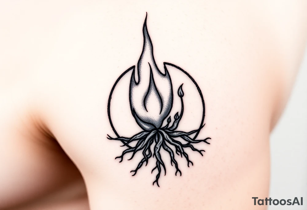 flame in a roots circle, with little sprouts on the circle tattoo idea