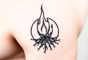 flame in a roots circle, with little sprouts on the circle tattoo idea