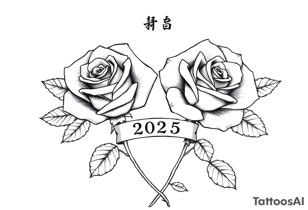 two beautiful rose buds, side by side, with many leaves and their stems intertwined, representing two people in love. Include a banner connecting the two roses with "2025" on it.  The word "Rose" written in Kanji above the drawing.  Dark outlines with little shading tattoo idea