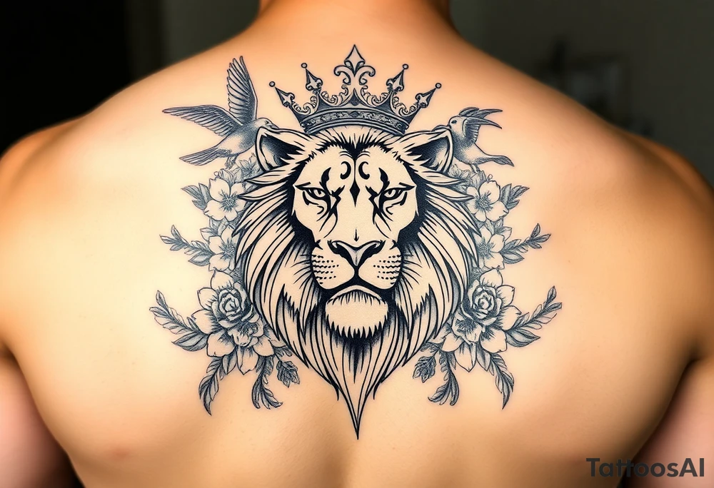 powerful majestic lion with a crown, surrounded by floral ornaments and birds tattoo idea