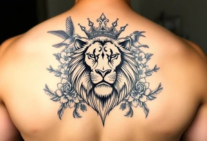 powerful majestic lion with a crown, surrounded by floral ornaments and birds tattoo idea