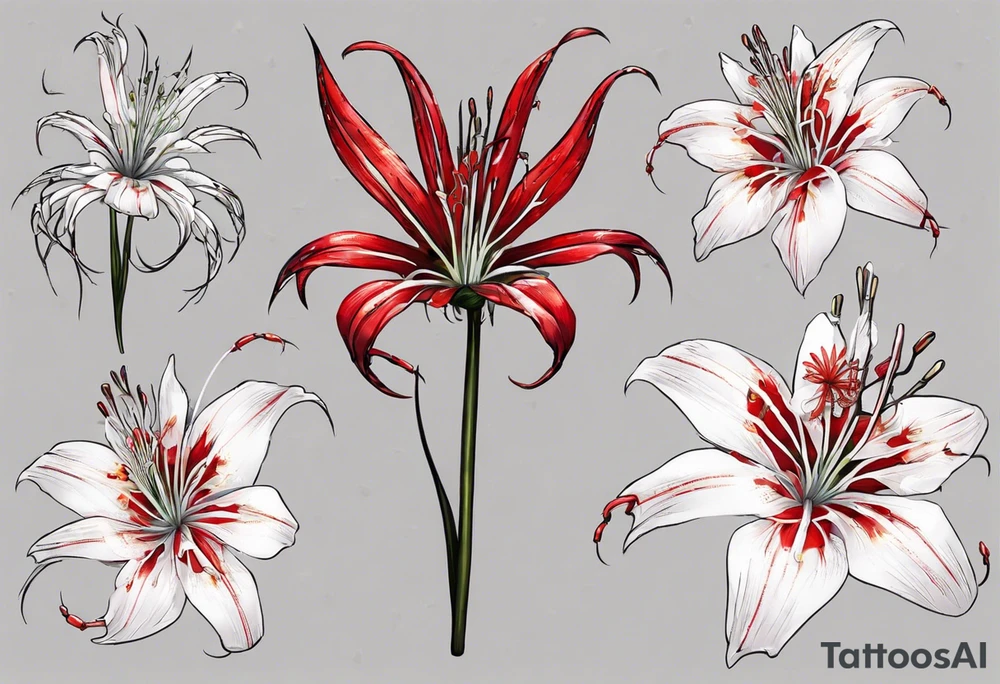 Red spiked spider lily a snake wrappes around the stem of the flower. tattoo idea