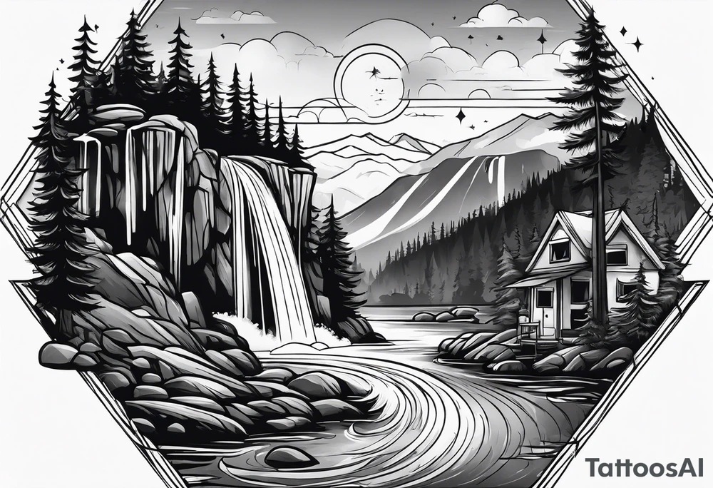 waterfall going into a river with a camp site tattoo idea