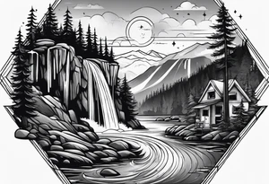 waterfall going into a river with a camp site tattoo idea