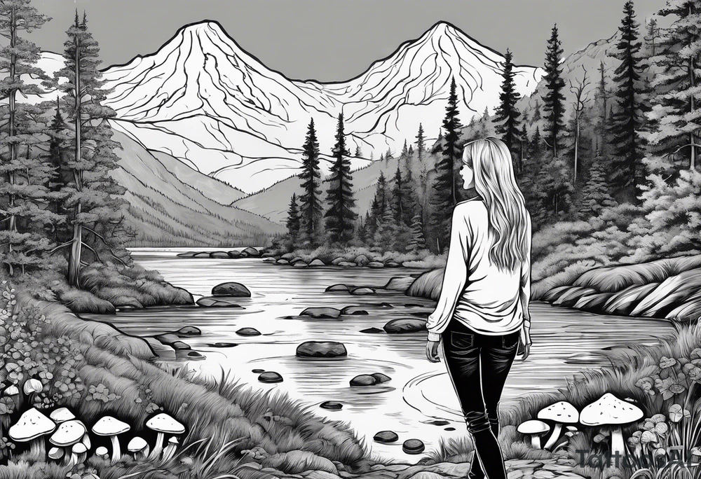 Whole picture encircled fully

Straight long blonde hair hippie girl in distance holding mushrooms in hand facing away toward mountains and creek surrounded by mushrooms long sleeve shirt and hiking pants; whole rendering within a full circle, no cut off circle tattoo idea