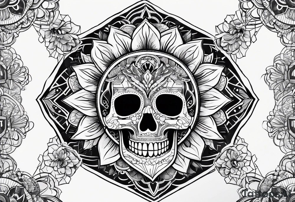 skull with geometric icons looks like a mandala tattoo idea
