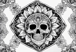 skull with geometric icons looks like a mandala tattoo idea