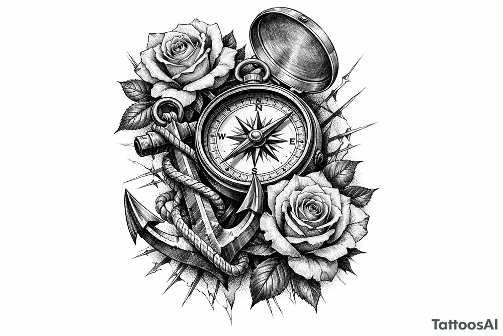 a compass,anchor,roses. tattoo idea