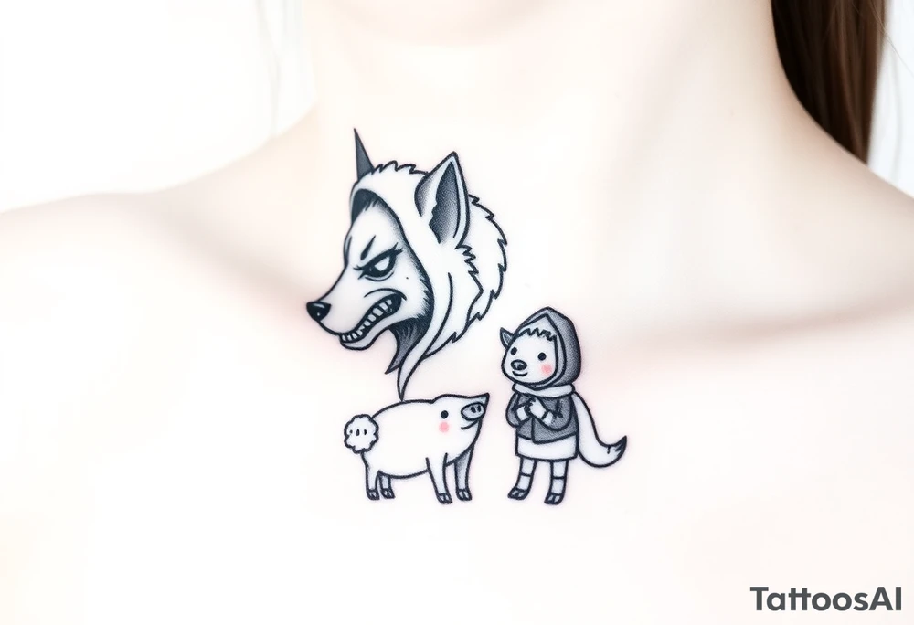 Big bad wolf nursery rhyme wearing a sheep costume with sheep head hood to kill and eat the three little pigs and little red riding hood in the woods tattoo idea