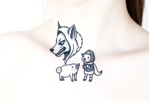 Big bad wolf nursery rhyme wearing a sheep costume with sheep head hood to kill and eat the three little pigs and little red riding hood in the woods tattoo idea