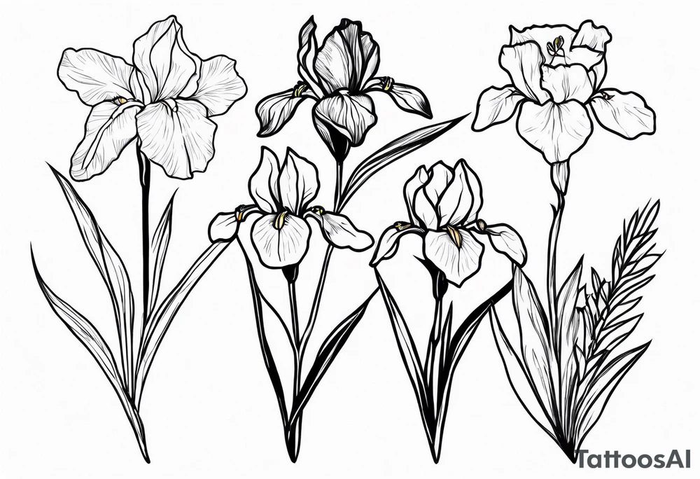 long simple tattoo style drawing of iris, daffodil, sweet peat and holly flowers tattoo idea