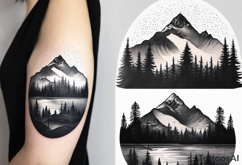 A snow capped mountain with pine trees and a river tattoo idea