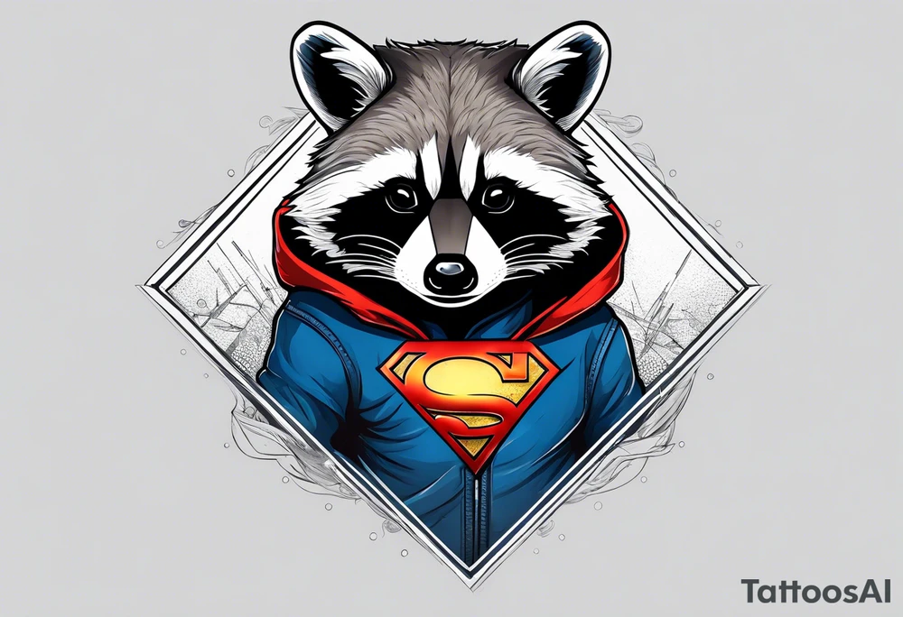 raccoon wearing a Superman hoodie tattoo idea