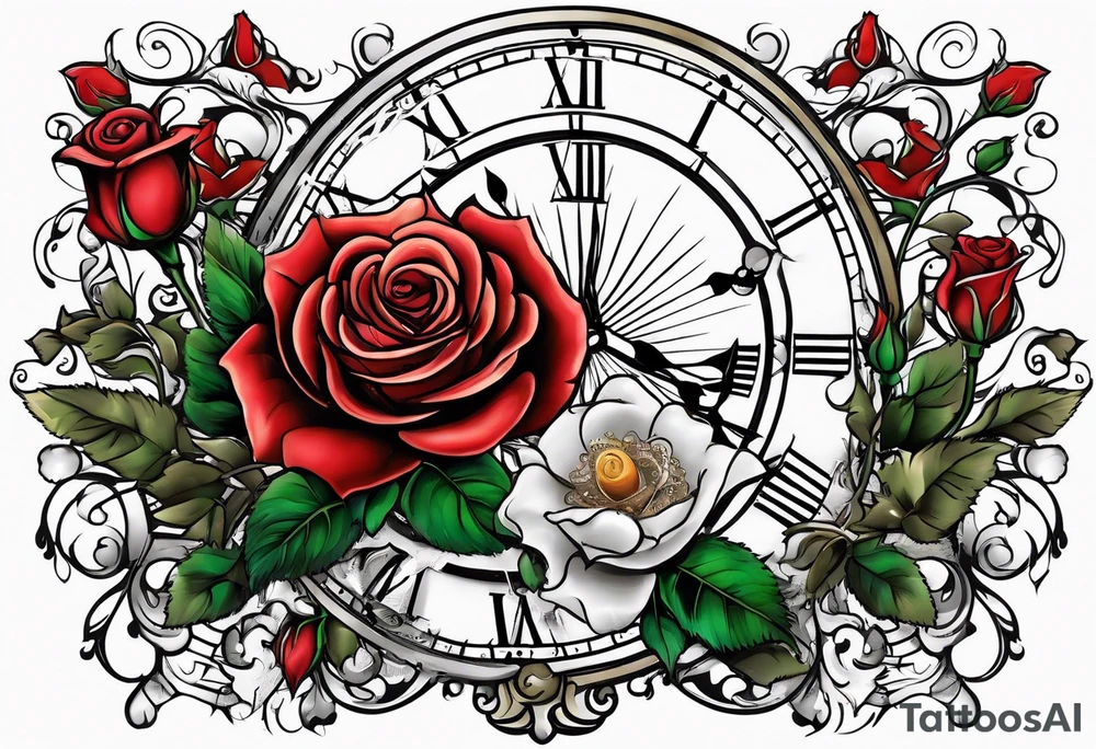 rose, sun, dove, clock, tattoo idea