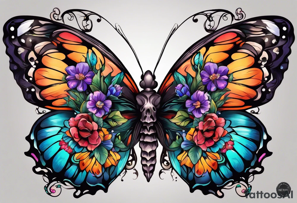 butterfly with half the wings covered in colorful bright flowers, the other half normal butterfly design but looks like a skull in the wing design tattoo idea