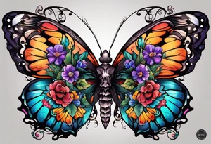 butterfly with half the wings covered in colorful bright flowers, the other half normal butterfly design but looks like a skull in the wing design tattoo idea