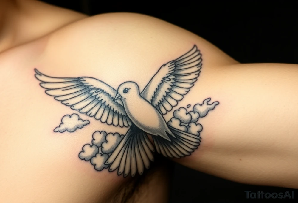 Dove and a blue jay, clouds, shining light to or from heaven tattoo idea